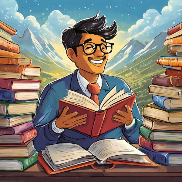 A nerdy man reading a stack of books