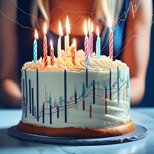 A birthday cake with a stock market candlestick chart on it in icing